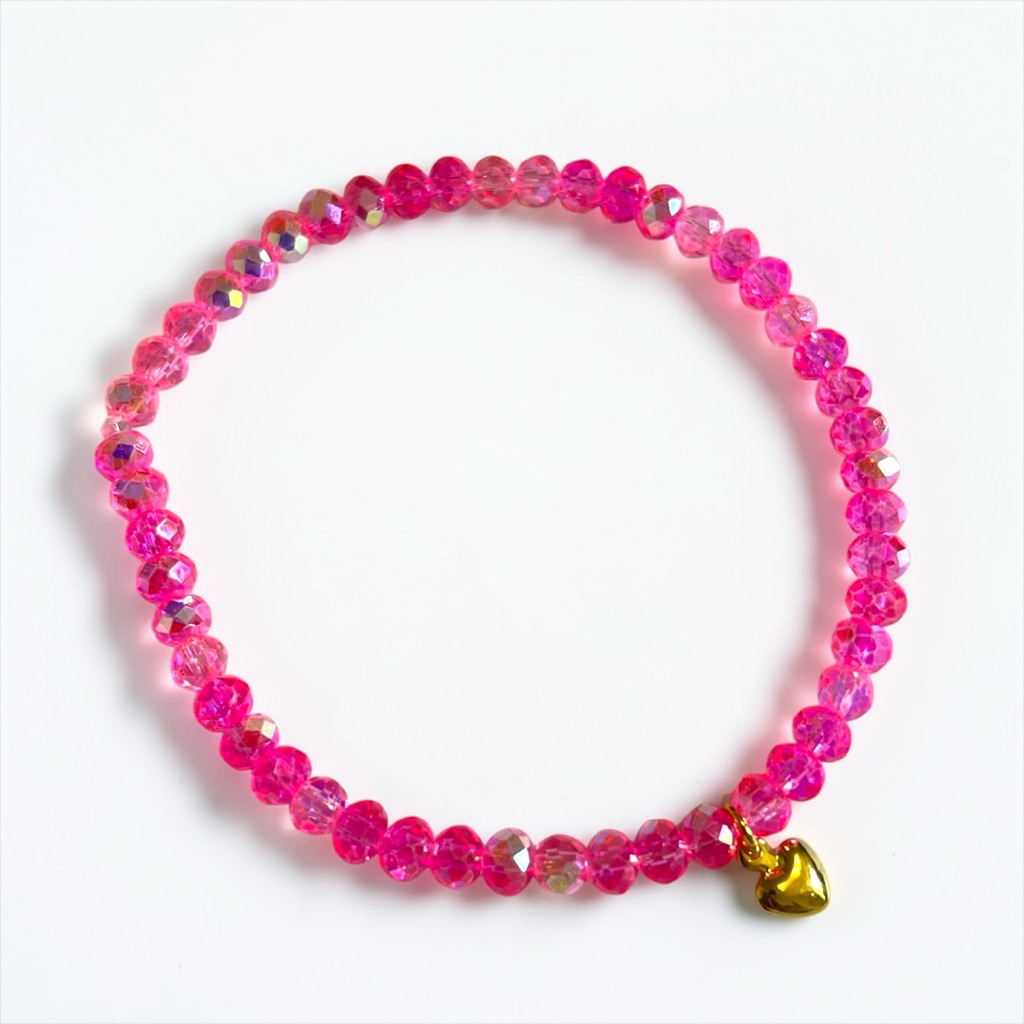 Hot Pink Czech Glass Gold Heart Charm Stretch Bracelet Cc